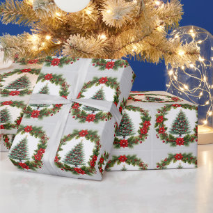 Papier Cadeau Couronne de Noël au Poinsettia, Sapin de Noël