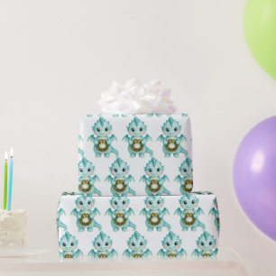 Papier Cadeau Couronne de Noël bébé dragon aquarelle aqua