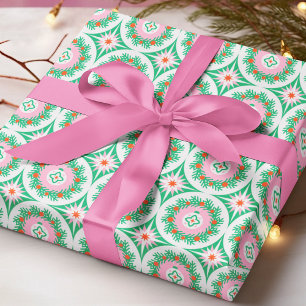 Papier Cadeau Couronne de Noël géométrique rose et verte moderne