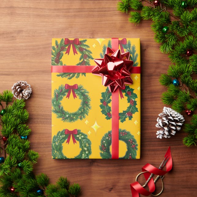 Papier Cadeau Couronne de Noël jaune (Cadeau de vacances)