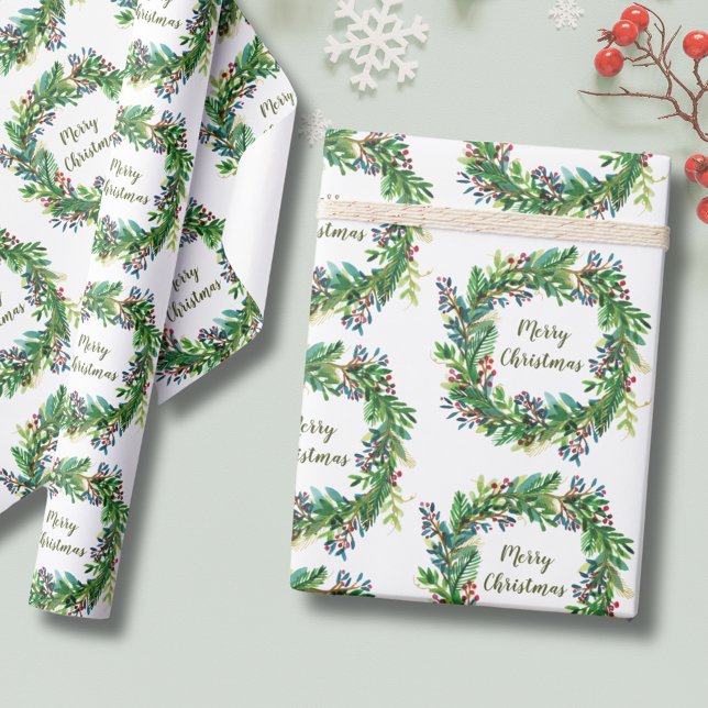 Papier Cadeau Couronne de Noël Joyeux Noël (Christmas Holiday Wreath Wrapping Paper with Merry Christmas text. greenery botanical eucalyptus)