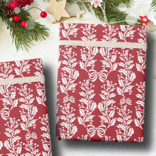 Papier Cadeau Couronne de Noël rétro vintage rouge blanc houx