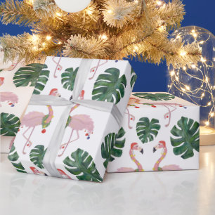 Papier Cadeau Couronne de Noël verte flamant rose Santa novelty