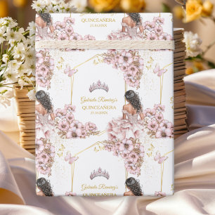 Papier Cadeau Couronne de papillon de Tiara dorée rose Quinceañe