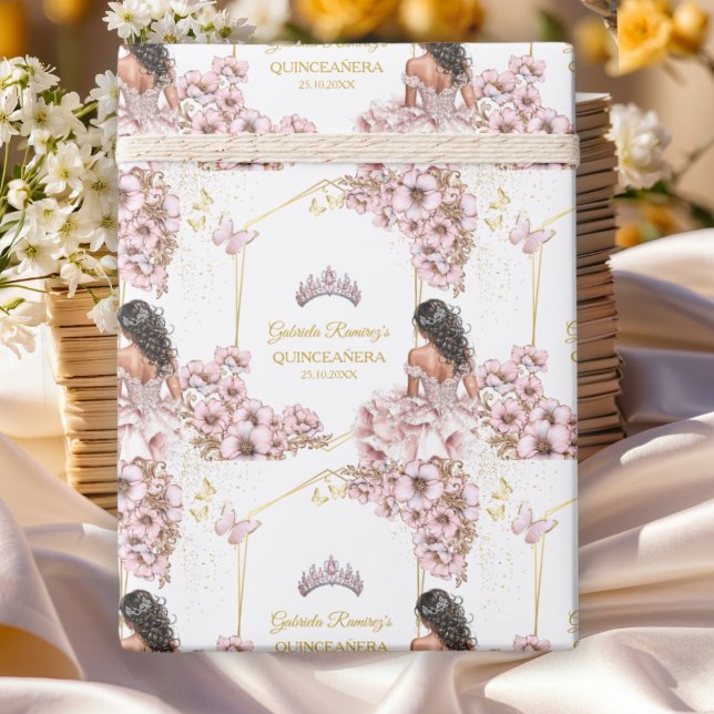 Papier Cadeau Couronne de papillon de Tiara dorée rose Quinceañe (Créateur téléchargé)