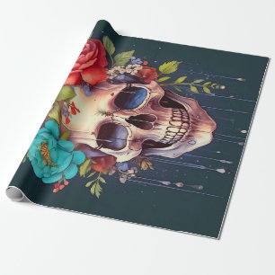 Papier Cadeau Couronne de pétales et larmes, crâne et fleurs de