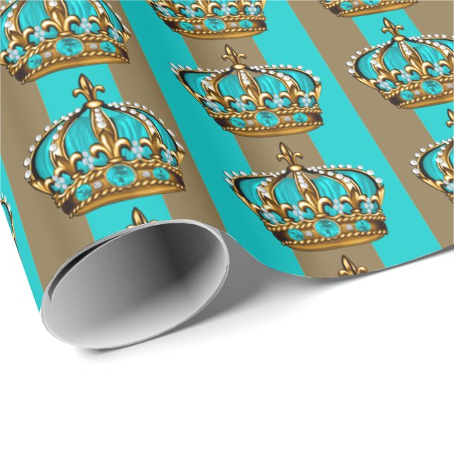 Papier Cadeau Couronne de prince en or bleu turquoise (Coin rond)