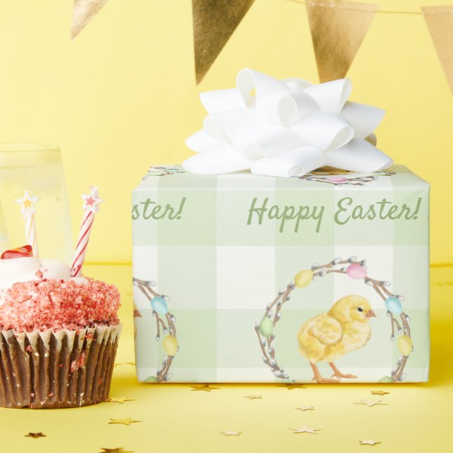 Papier Cadeau Couronne de saule et poussin Joyeuses Pâques Gingh (Fête d'anniversaire)