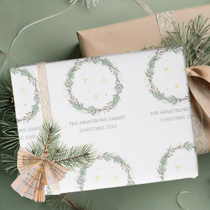 Papier Cadeau Couronne Deep Sage Étoiles Dorées Noël Nom de Fami