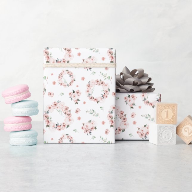Papier Cadeau Couronne florale rose pastel (Baby Shower)