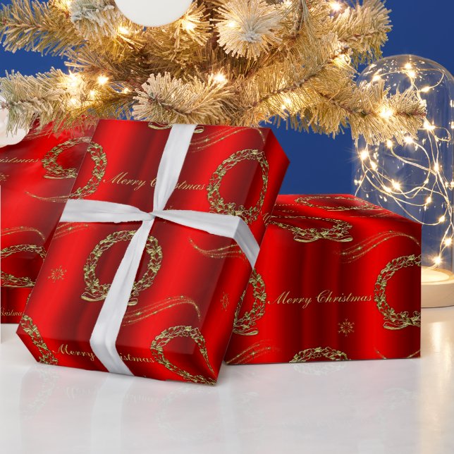 Papier Cadeau Couronnes de la fête de l'or sur Noël rouge (Vacances)