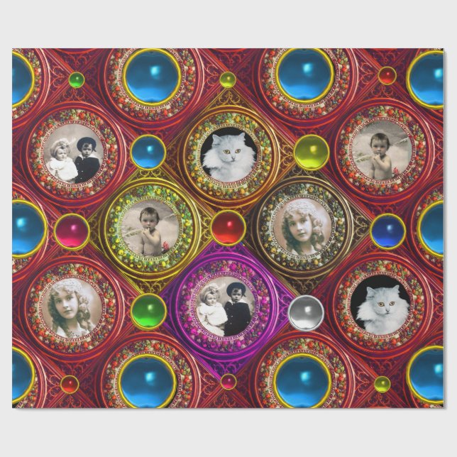 PAPIER CADEAU COURONNES DE NOËL FLEURIS ROUGES, CADRE PHOTO AVEC (Plat)