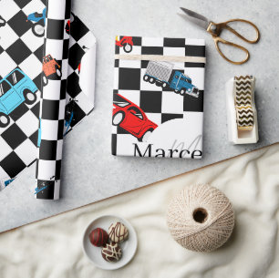 Papier Cadeau Course Noir et Blanc Motif Moderne avec des Voitur