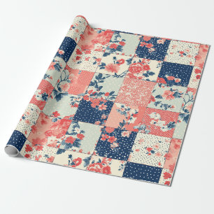 Papier Cadeau Courte pastel florale en indigo et pêche