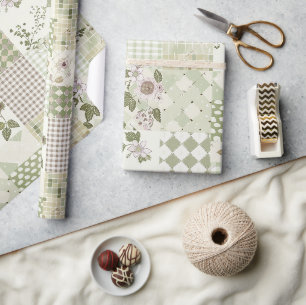 Papier Cadeau Courtepoint Pastel Vert Lilas Patchwork Gingham