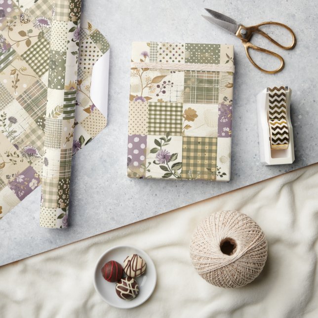 Papier Cadeau Courtepoint Pastel Vert Lilas Patchwork Gingham (Artisanat)