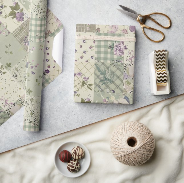 Papier Cadeau Courtepoint Pastel Vert Lilas Patchwork Gingham (Artisanat)
