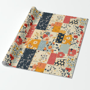 Papier Cadeau Courtepoint Patchwork Floral Vibrant aux Tons Chau