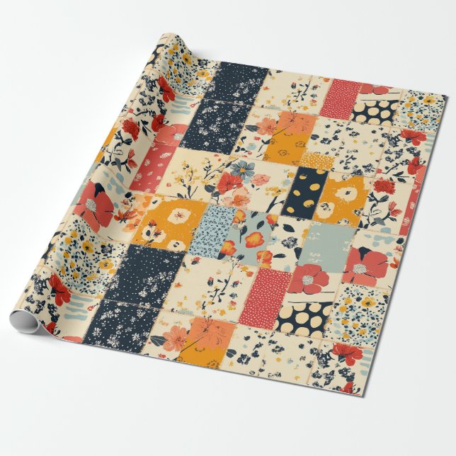 Papier Cadeau Courtepoint Patchwork Floral Vibrant aux Tons Chau (Déroulé)