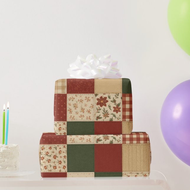 Papier Cadeau Courtepoint Patchwork Rouge Vert Fleurs Campagnard (Cadeaux de fête)