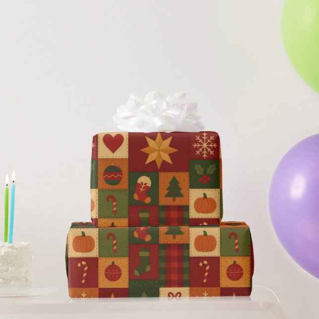 Papier Cadeau Courtepoint Patchwork Rouge Vert Maison de Campagn (Cadeaux de fête)