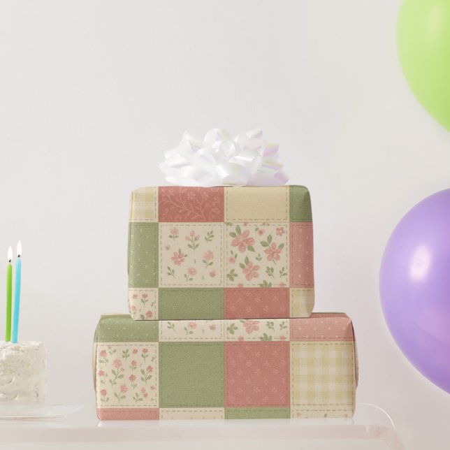 Papier Cadeau Courtepoint patchwork vert rose floral ferme rusti (Cadeaux de fête)
