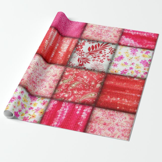 Papier Cadeau Coussin à patchwork rouge et rose (Déroulé)