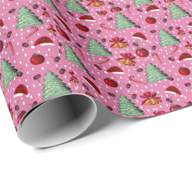Papier Cadeau Coussin d'ornements rose de Noël (Coin rond)