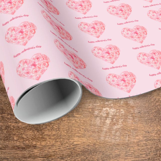 Papier Cadeau Coutume Saint Valentin Coeurs d'aquarelle uniques (Unique watercolor roses and hearts. Modern pretty pink. Custom “happy Valentines day” stylish script)