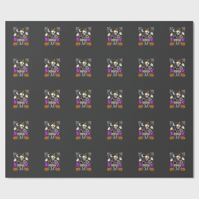 Papier Cadeau Couture de squelette d'Halloween Fantôme Citrouill (Plat)