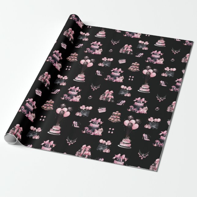 Papier Cadeau Couture rose et noir Mode Motif d'anniversaire (Déroulé)