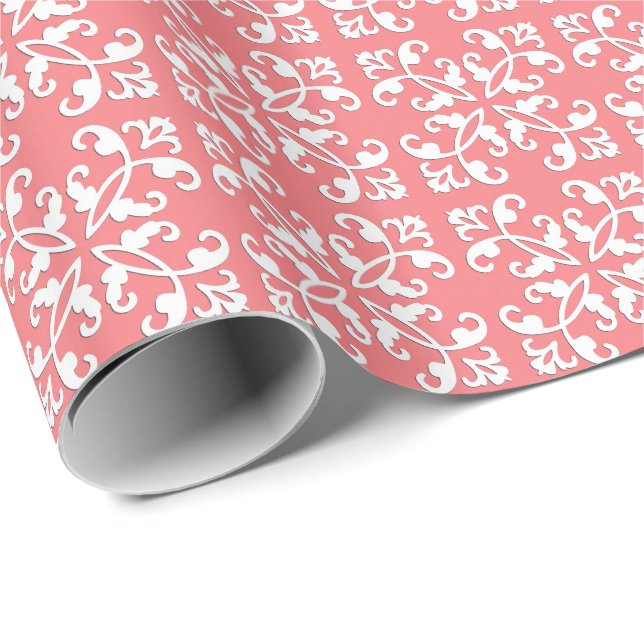 Papier Cadeau Coutwork en dentelle - blanc sur corail rose (Coin rond)