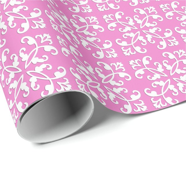 Papier Cadeau Coutwork en dentelle - blanc sur rose orchidée (Coin rond)