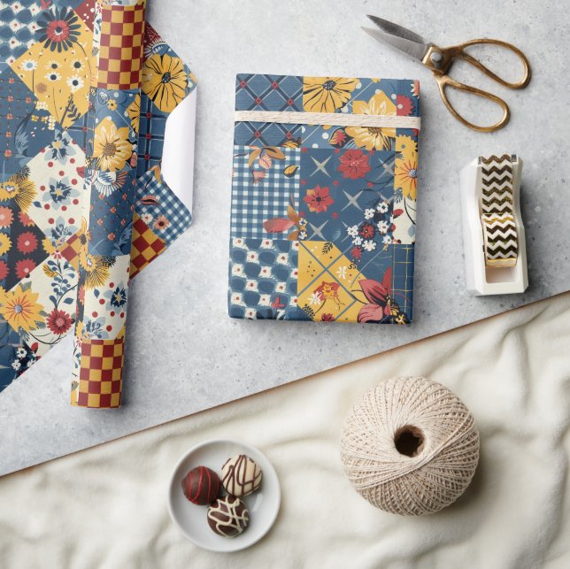 Papier Cadeau Couverture à carreaux bleus jaunes rouges Gingham  (Artisanat)