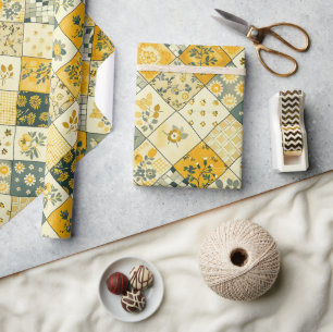 Papier Cadeau Couverture à carreaux jaunes Cottagecore Floral