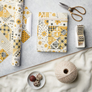 Papier Cadeau Couverture à carreaux jaunes Cottagecore Floral