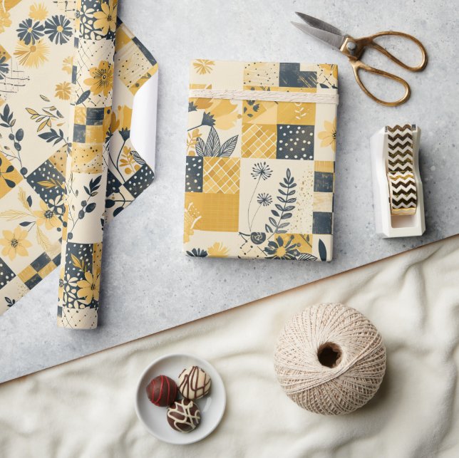 Papier Cadeau Couverture de patchwork gingham jaune floral Cotta (Artisanat)