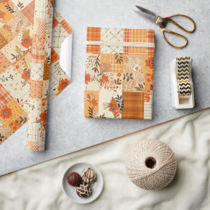 Papier Cadeau Couverture Fleurs Gingham Cottagecore Orange