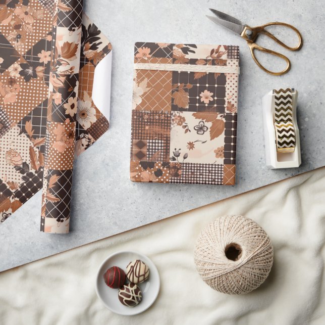 Papier Cadeau Couverture Marron Gingham Campagnard Floral (Artisanat)