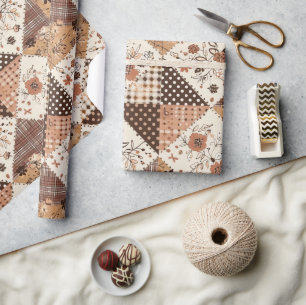 Papier Cadeau Couverture Marron Gingham Campagnard Floral