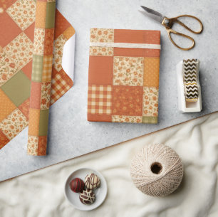 Papier Cadeau Couverture Patchwork en Terre Cuite Fleurs Maison 