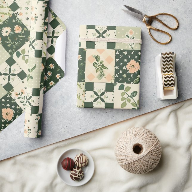 Papier Cadeau Couvre-lit vert patchwork antique carreaux géométr (Artisanat)