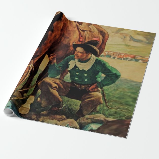 Papier Cadeau Cow-boy abreuvant son cheval par NC Wyeth (Déroulé)