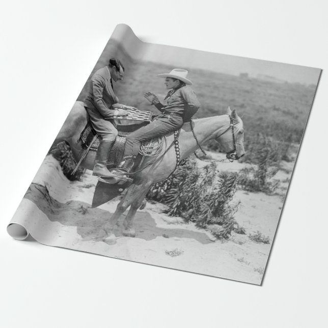 Papier Cadeau Cowboy et homme d'affaires jouant aux dames à chev (Déroulé)
