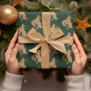 Papier Cadeau Cowboy Horse Western Sur Dark Green Christmas