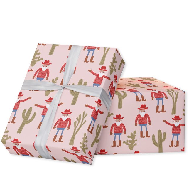 Papier Cadeau Cowboy Santa Claus Pink Christmas (Fun Cowboy Santa Claus Western Christmas Holiday gift wrapping paper roll)