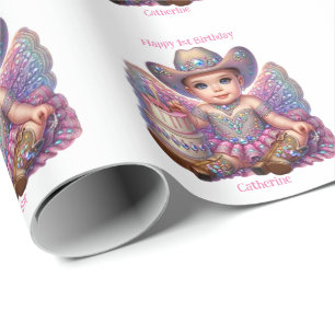 Papier Cadeau Cowgirl occidental Personnalisé 1er anniversaire 