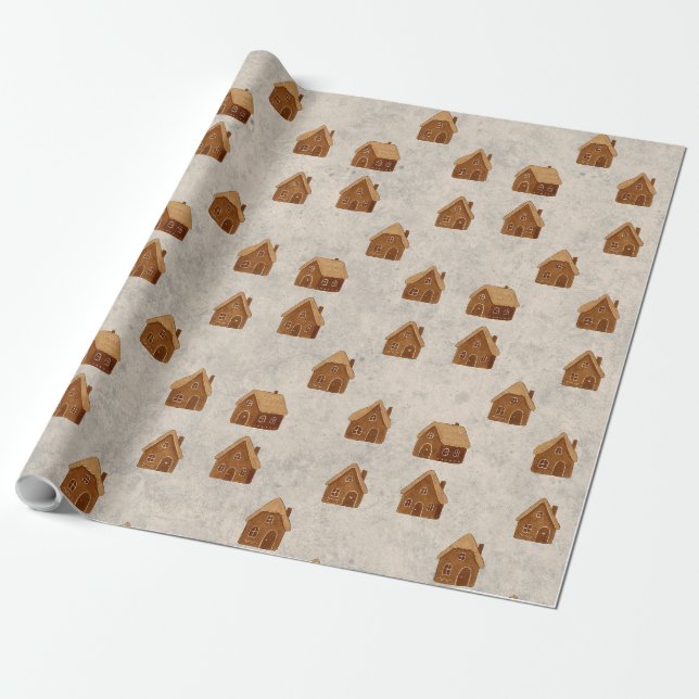 Papier Cadeau Cozy Gingerbread Houses Pattern Wrapping Paper (Déroulé)
