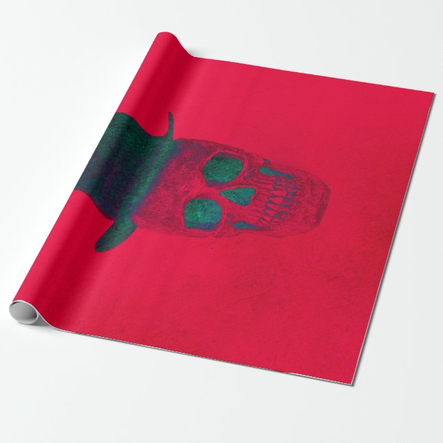 Papier Cadeau Crâne avec chapeau rouge vert Halloween Noël (Déroulé)