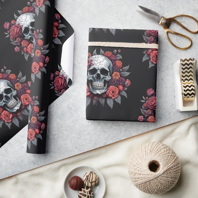 Papier Cadeau Crâne avec papier d'enveloppement d'Halloween goth (🌹 Elegance in Darkness: Gothic Halloween Wrapping Paper! 👻)